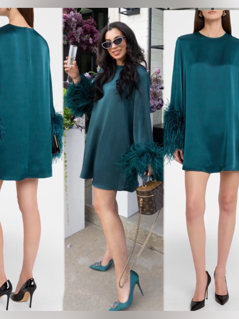 LAPOINTE Teal Lightweight Satin Shift Dress With Feathers Sz XS